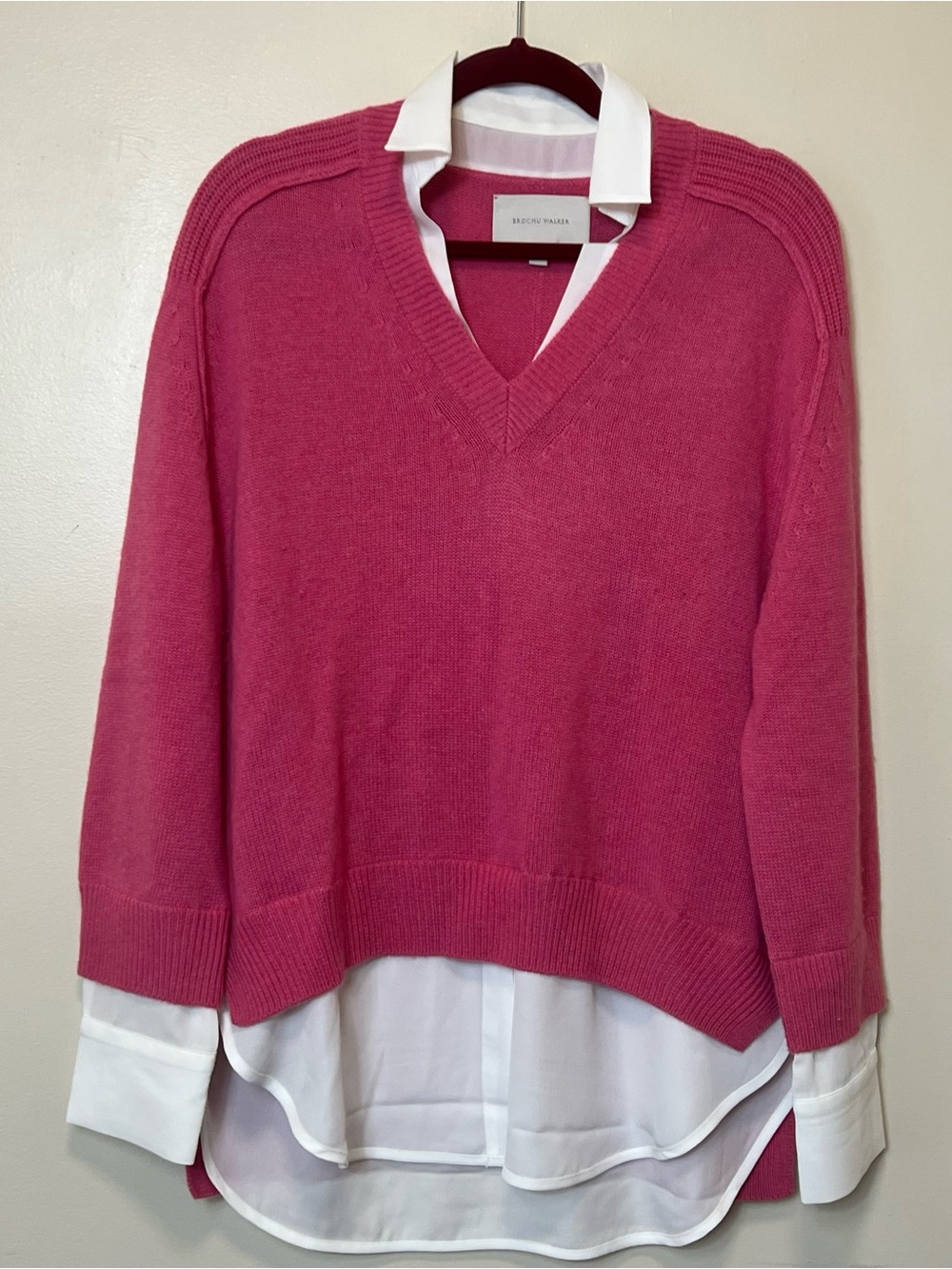 Brochu Walker Pink V-Neck Layered-Look Sweater. Size Medium. NWOT